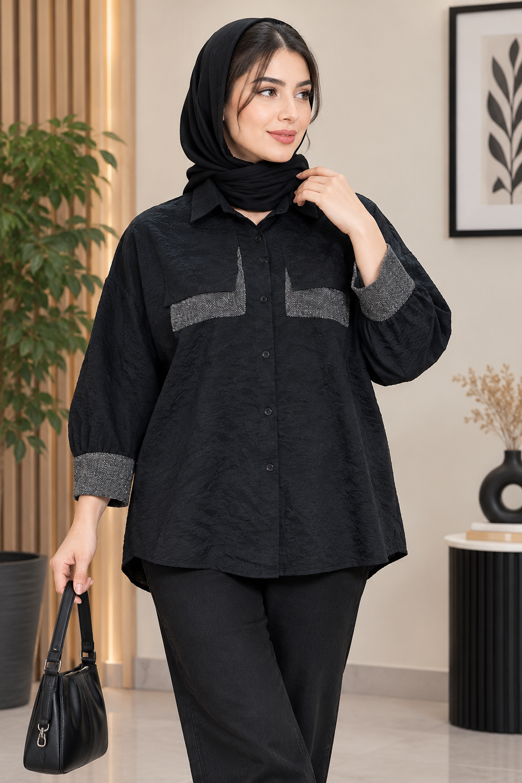 شومیز ساتن  زنانه مشکی  کد ۸۵۴۵